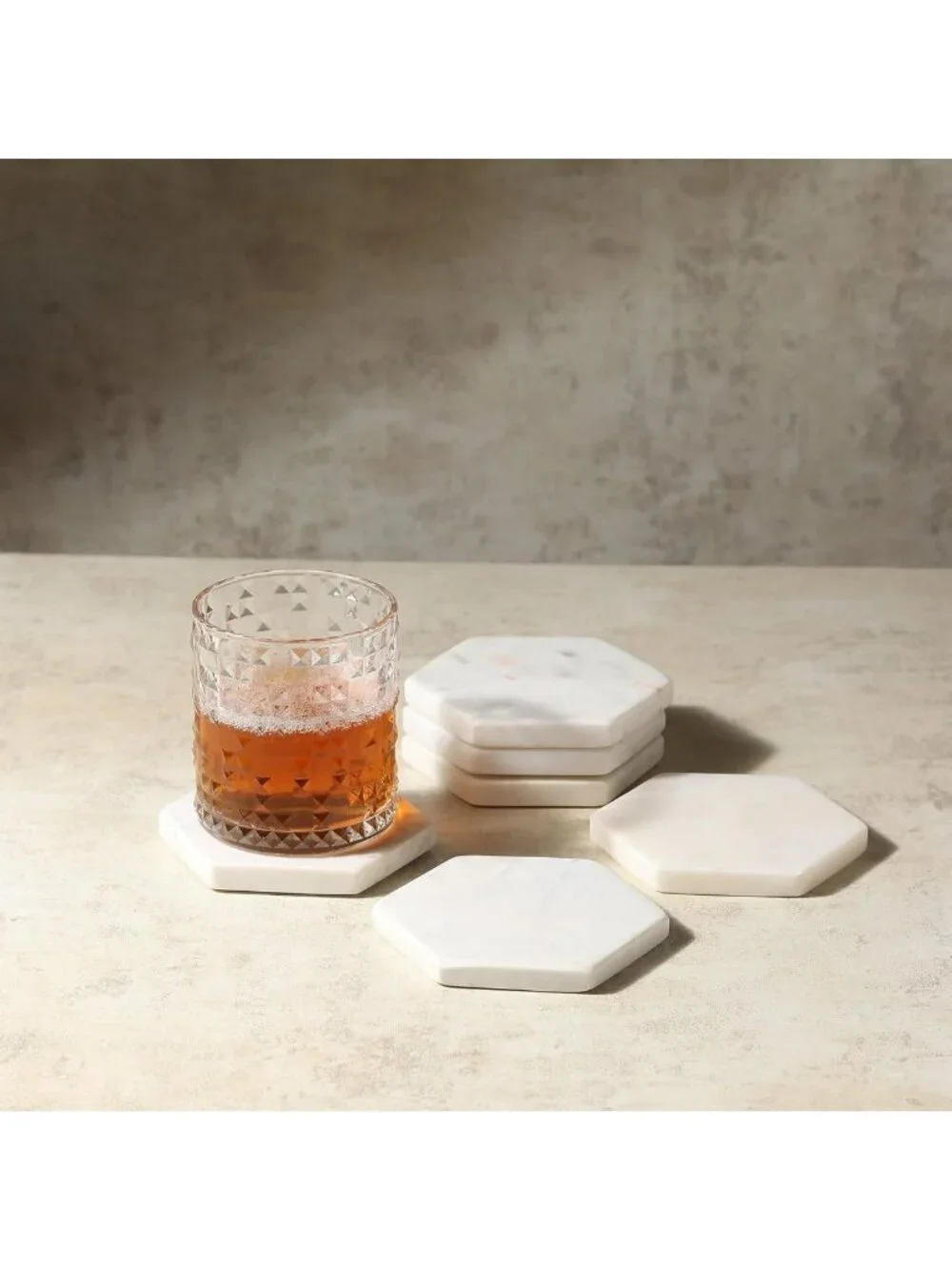 Set of 6 Hexagon Marble Coasters | Modern White Decor for Home & Office